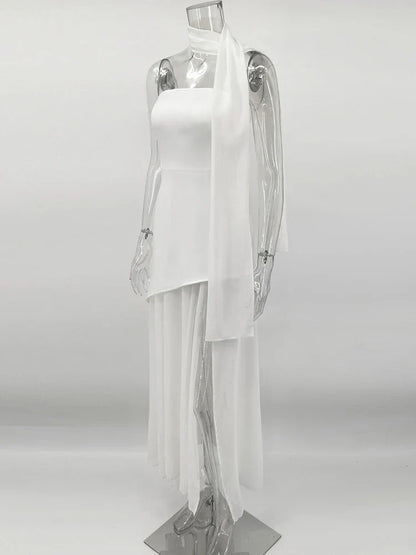Fashion Strapless Dress With Ribbon Female Elegant Sleeveless Mesh Beach Vacation Long Dress 2025 Spring New Women Dress