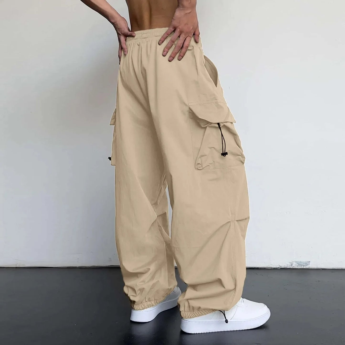 Cool Streetwear Versatile Quicky Drying Wide Leg Low Waist Drawstring Cargo Trousers Fashion Daily Casual Pockets Pants For Male