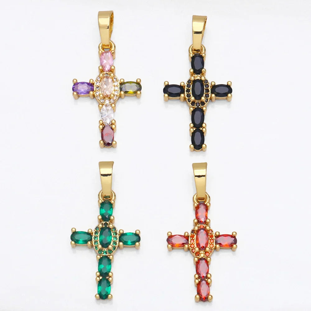Big Rainbow Colorful Cross Pendants for Necklace Gold Plated  Copper Zircon Religious Jewelry Components pdta638