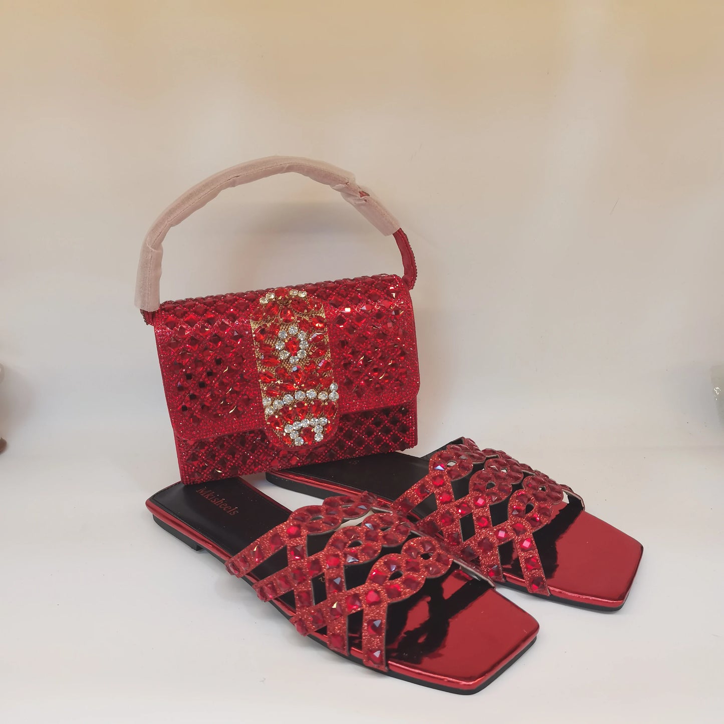 Pretty Soft Flat Shoes With Bag Set For Woman Fashion Style Rhinestone Party Slippers And Women Purse Latest Design