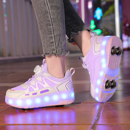 Boys Girls Roller Shoes Pink Blue Four Wheels Luminous Glowing Kids Outdoor Sport Casual Shoes USB Children Led Sneakers Shoes