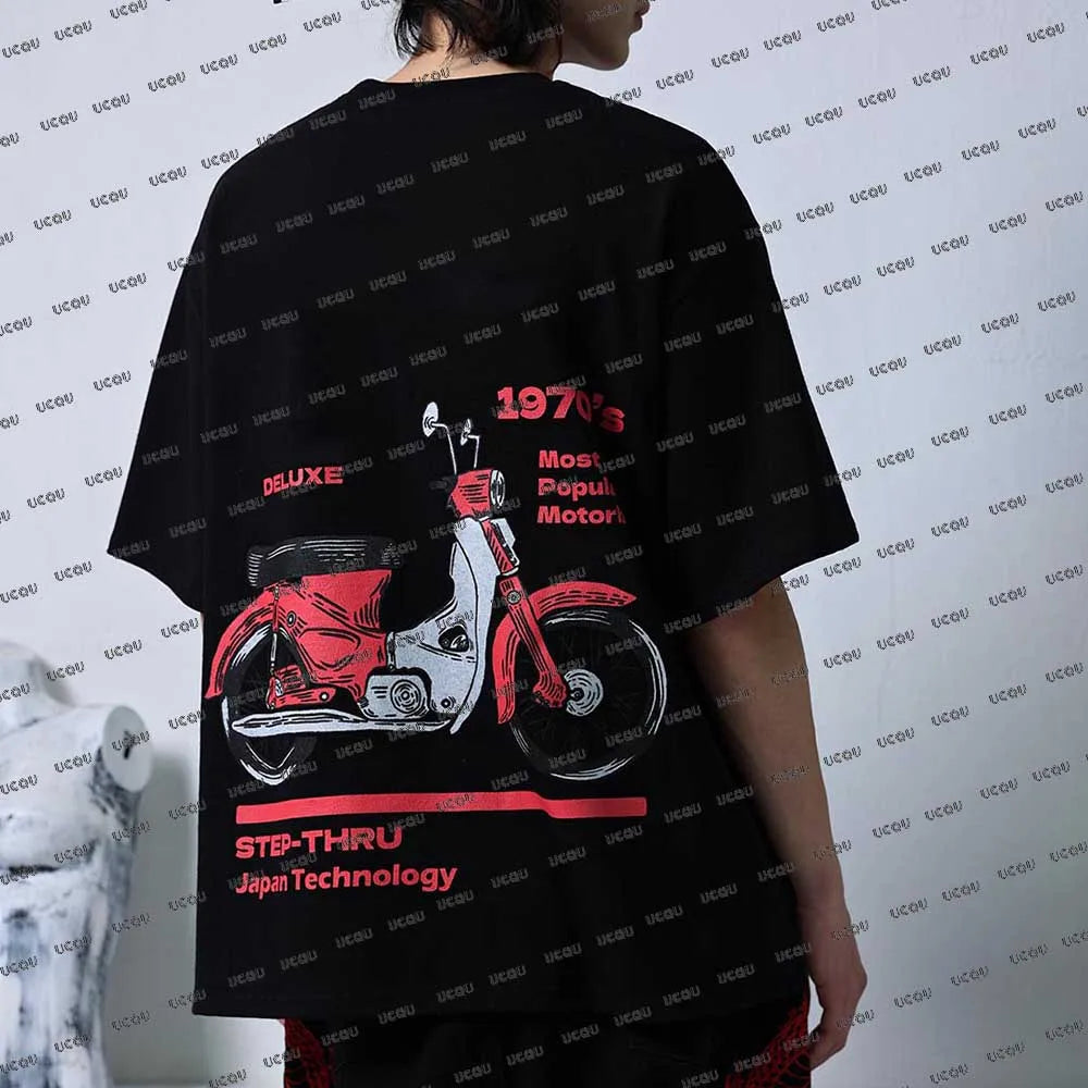Trendy Motorcycle Letter Print Men's Tshirts Casual O-Neck Short-sleeved T-shirt Street Retro Tops Man Loose Sports Tshirts