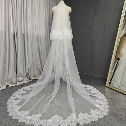 Customized Elegant Eyelash Lace Edge 2 Layers Wedding Veil with Blusher 2.5m/3m/3.5m Long Bridal Veil Wedding Accessories