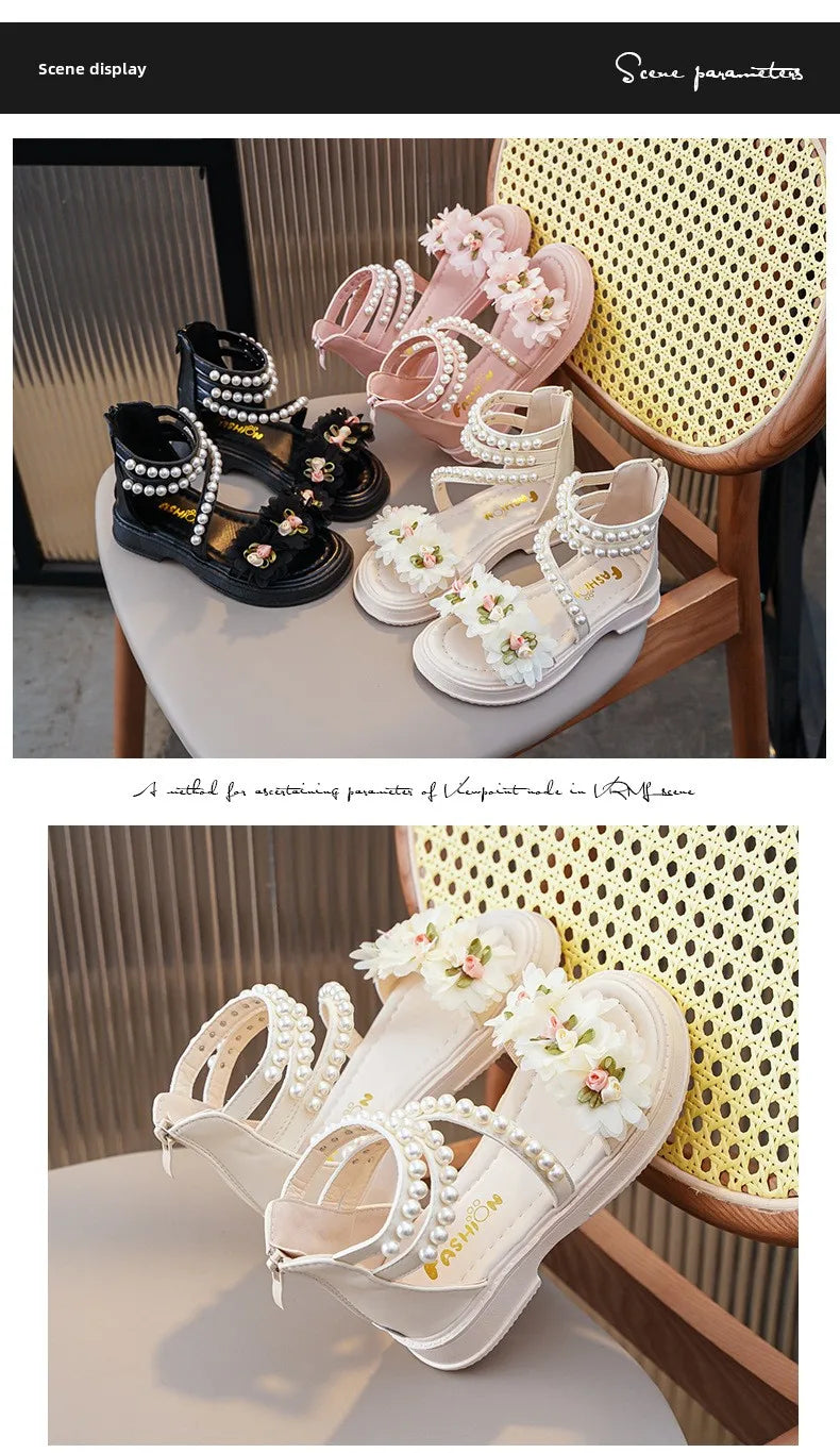Children's Sandals Summer Bowtie Princess Shoes for Girls Fashion Sweet Kids Causal Pearl Roman Sandals Solid Color Hook Loop