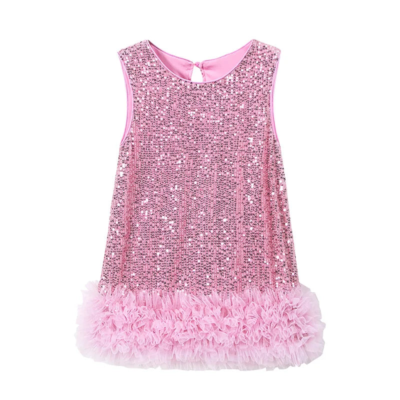 Novo Vestido Infantil Tutu de Malha Brilhante Sem Mangas Princesa para Festas Fantasia de Performance para Crianças