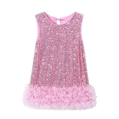 Novo Vestido Infantil Tutu de Malha Brilhante Sem Mangas Princesa para Festas Fantasia de Performance para Crianças