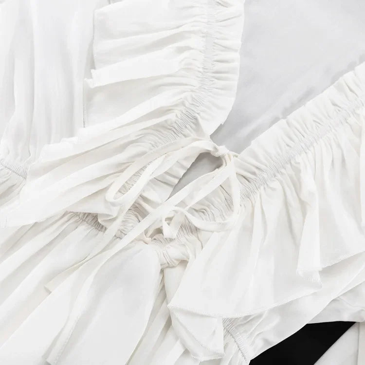 White Ruffle Bandage Mini Dress Women's Elegant Patchwork Long Sleeve Dress New Slim V Neck Lace Up Summer Mini Dress