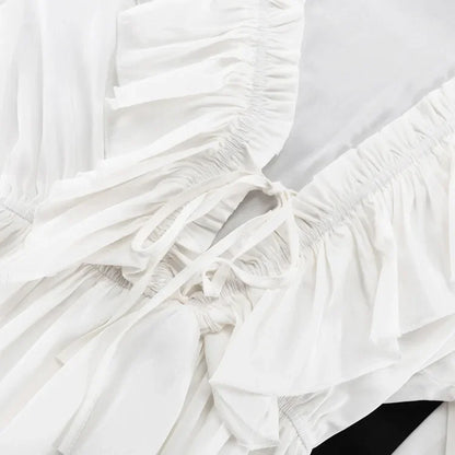 White Ruffle Bandage Mini Dress Women's Elegant Patchwork Long Sleeve Dress New Slim V Neck Lace Up Summer Mini Dress