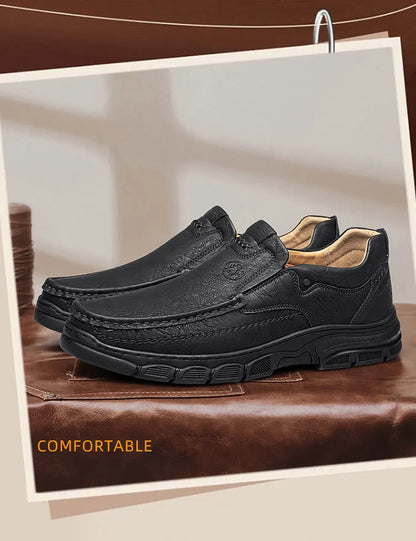 Men's Handmade Thick Rubber Bottom Breathable Casual Leather Shoes Classic Sewn Loafers Comfortable Leisure Footwear