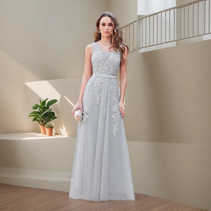 Exquisite Lace Tulle Evening Dress Illusion Soft Net Collar Sleeveless V-Backless Gowns Slim A-line Floor-length Prom Dresses