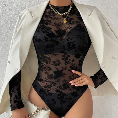 Sexy Women's Black Floral Flocking Sheer Mesh Mock Neck Long Sleeve Bodysuit