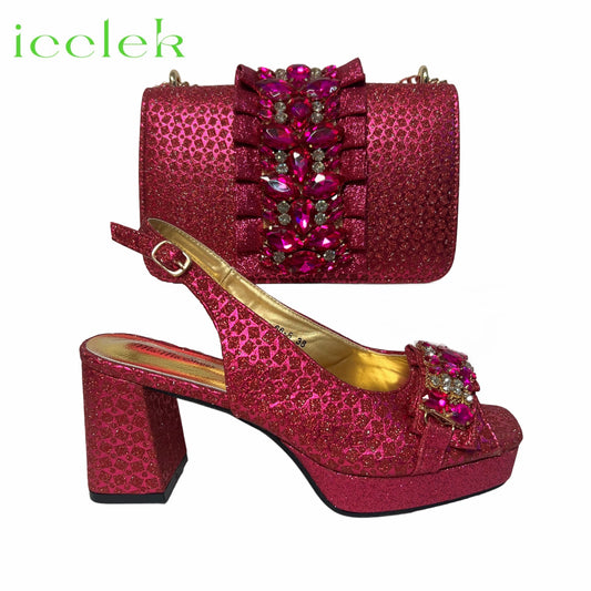 2026 Elegant Women's Peep Toe Heels and Matching Fuchsia Color Diamond Pumps Set Stylish Italian Shoes and Bags for Parties