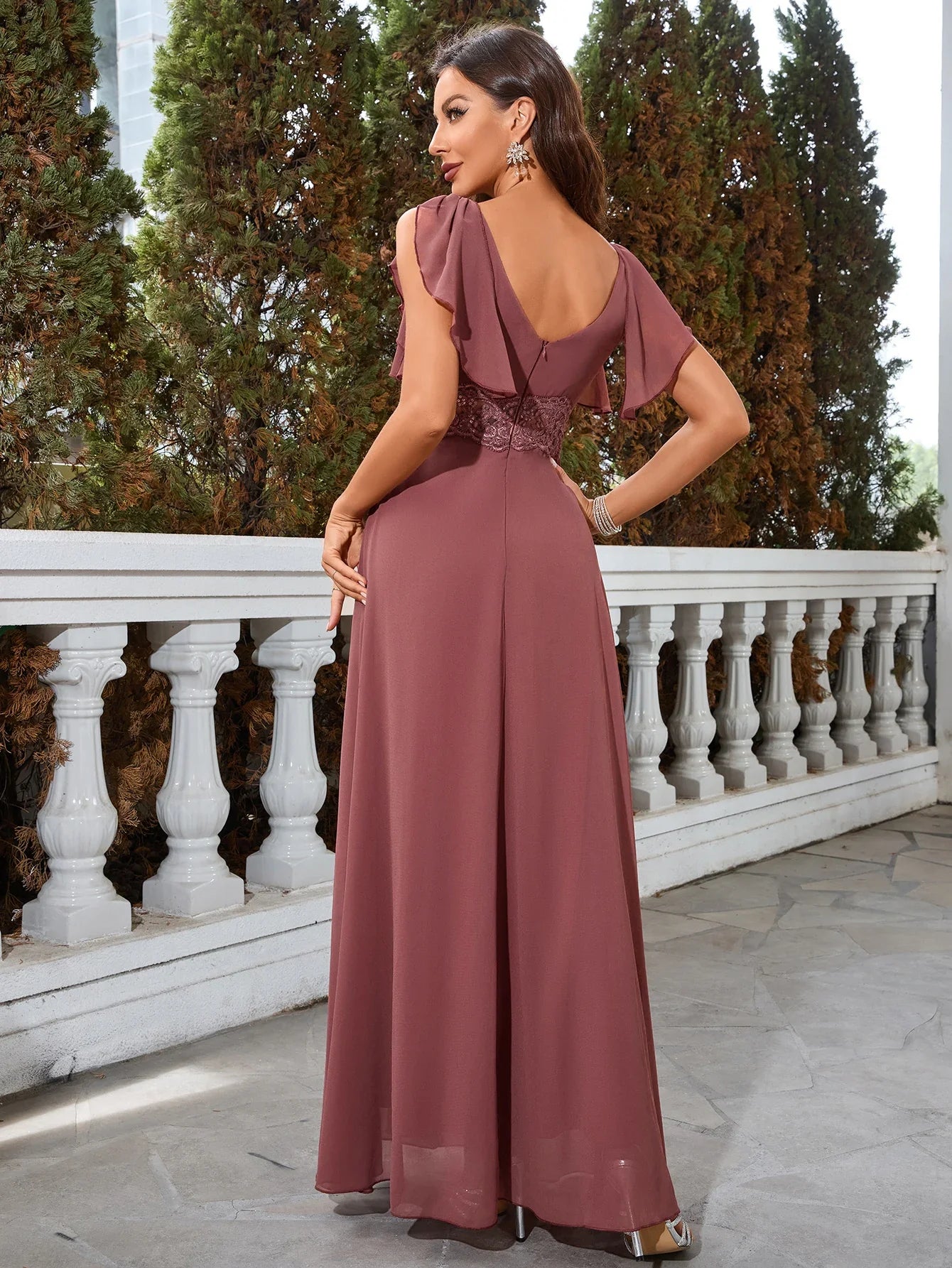Embroidered Chiffon Formal Dress With Waist Cinching, Elegant Prom Evening Wedding Guest Gown, For Graduation, Dinner