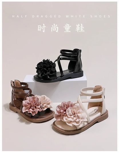 Girls' Sandals 2024 Summer New Children's Flower Princess Shoes Soft Sole Anti Slip Baby Girls' Roman Sandals
