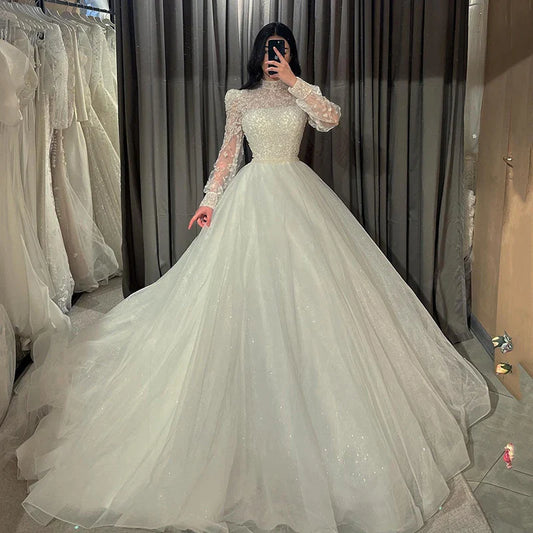 Elegant A-Line Wedding Dresses Puff Sleeve Sequines Princess Wedding Gowns Boho Beach Bridal Ball Prom Dress Customized