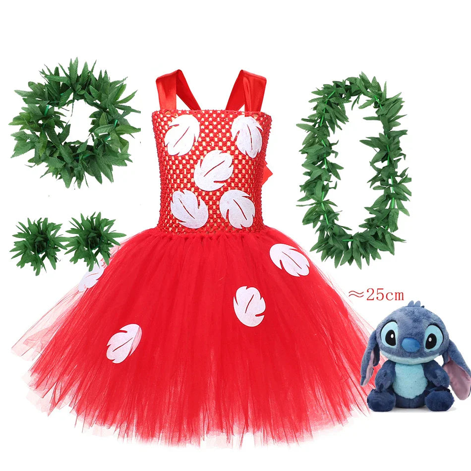 Kids Cosplay Dress for Girls Lilo Inspired Hawaiian Costume With Wreath Necklace Bag Doll for Halloween Birthday
