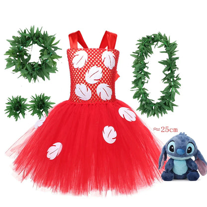 Kids Cosplay Dress for Girls Lilo Inspired Hawaiian Costume With Wreath Necklace Bag Doll for Halloween Birthday