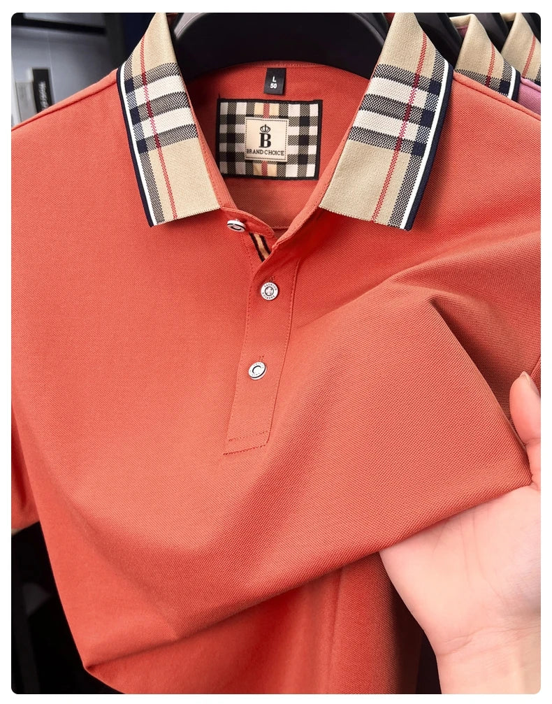 Fashion brand luxury short sleeve polo shirt men summer quality silky cotton breathable business casual striped collar T-shirt