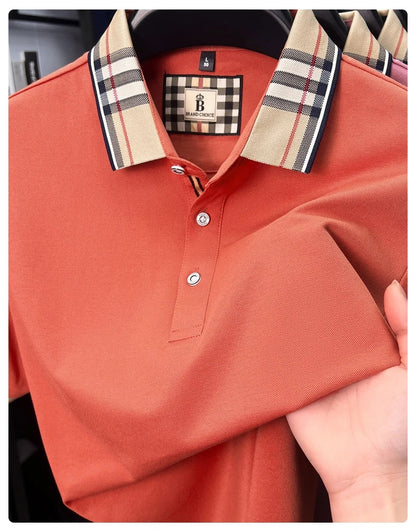 Fashion brand luxury short sleeve polo shirt men summer quality silky cotton breathable business casual striped collar T-shirt