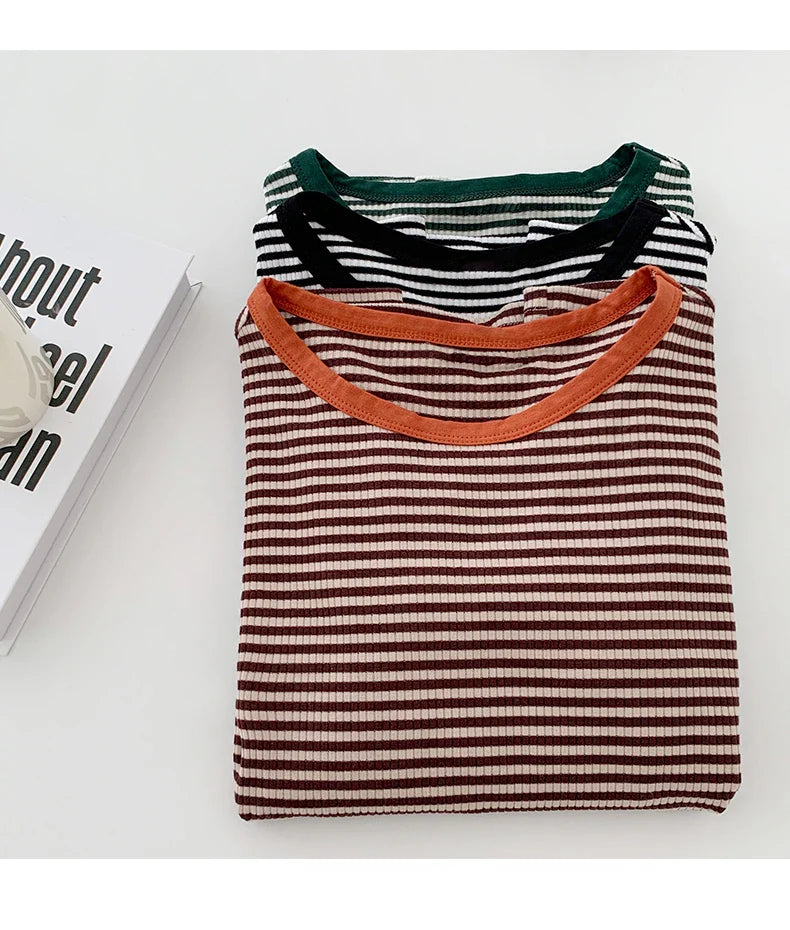 Striped Short Sleeve T-shirt Women's Summer New Korean Version Loose Retro Contrast Slim Round Neck Top Women's Fashion Casual