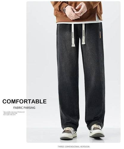 Men's Retro Jeans Elastic Waist Fashion Loose Straight Casual Wide Pants Cotton Casual Korean Baggy Wide Leg Denim Trousers