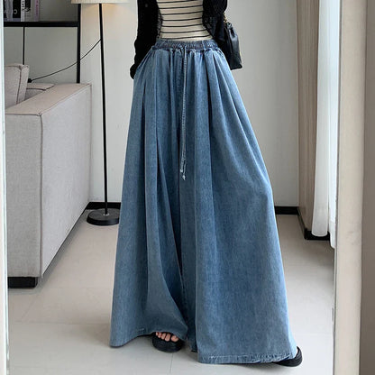 Calça Jeans de Perna Larga, Casual, Solta, com Cadarço e Estilo Lanterna