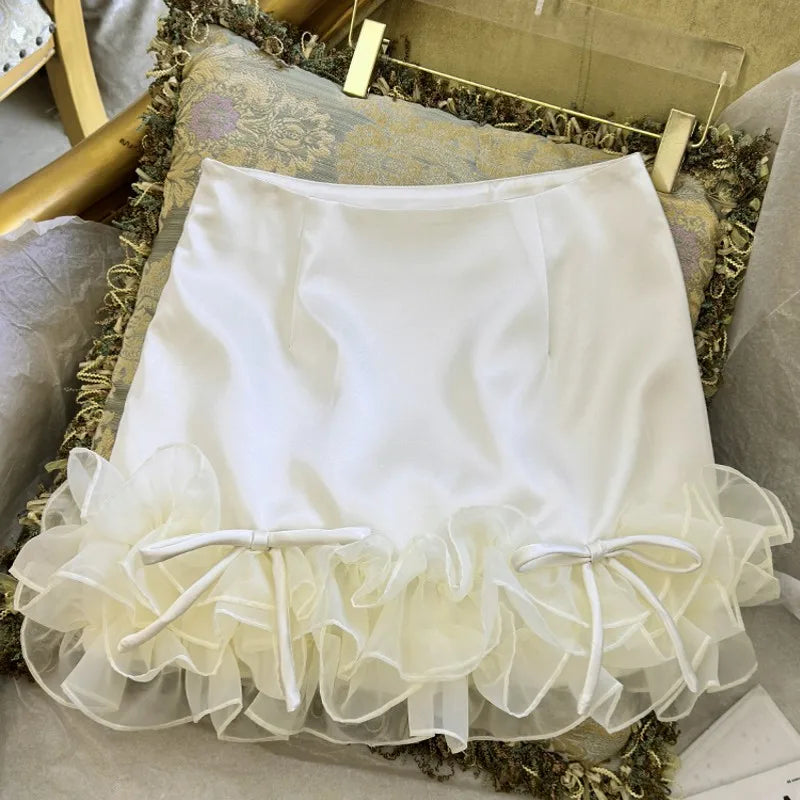 Females Summer Sweet Ruffle Edge Short Skirts French Style A-Line Party Stage Fashion Lace Shirring Above Knee Mini Skirt