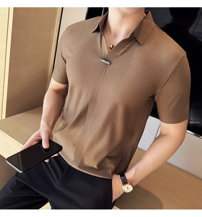 High-Grade Ice Silk Seamless Adhesive Polo Shirt, High-Elastic V-neck Thin Waffle Short-Sleeved Golf Shirt, T-shirt