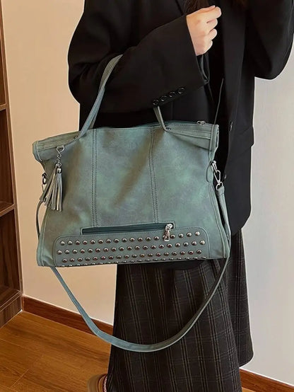 Vintage Designer Luxury Women Tote Bag Casual Lage Capacity Handbags Fashion Rivet Tassel PU Leather Female Shoulder Bag