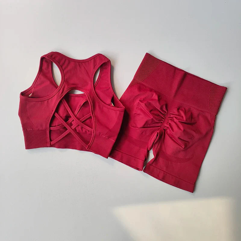 High Waist Butt Lifting Fitness Suit Gathering Beautiful Back Yoga Suit Bras Quick-drying Running Peach Buttock Training 2PCS