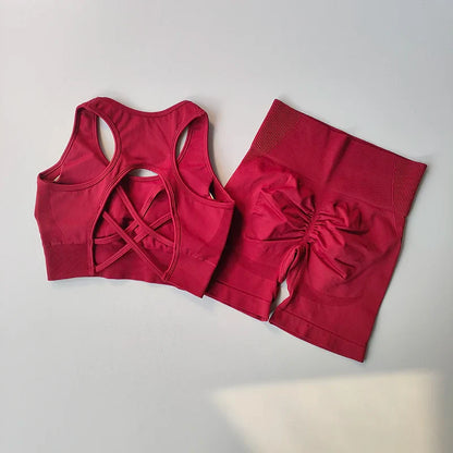 High Waist Butt Lifting Fitness Suit Gathering Beautiful Back Yoga Suit Bras Quick-drying Running Peach Buttock Training 2PCS