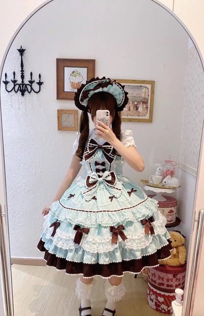 New 2025 Summer Original Sweet Lolita Jsk Dress Cute Bow Lace Stitching Kawaii Girls Women Elegant Slim Suspender Dresses