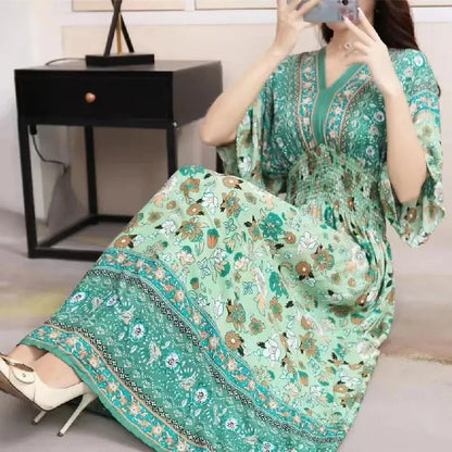Flower V-neck Elastic Youthful Bohemian Sweet Midi Dress Woman Clothes Chic Fashion Summer Dresses 2025 Large Swing Ski