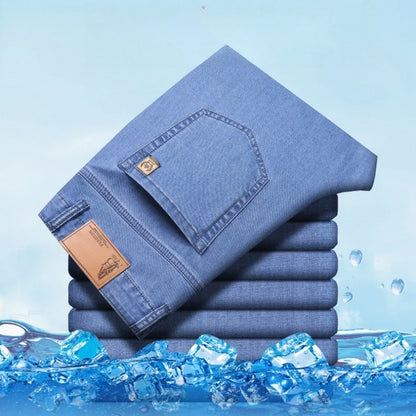 Men's Ice Silk Jeans Summer New Lyocell Thin Business Casual Denim Pants Classic All Match Slim Fit Straight Elastic Jean Male