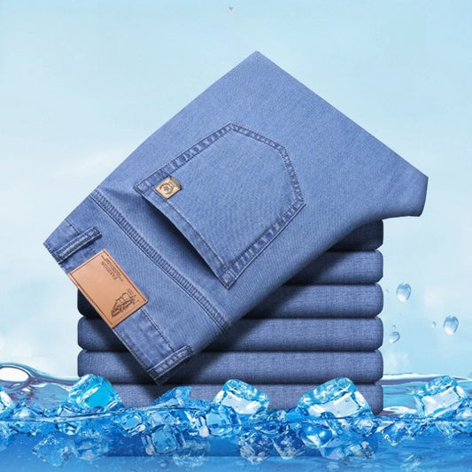 Men's Ice Silk Jeans Summer New Lyocell Thin Business Casual Denim Pants Classic All Match Slim Fit Straight Elastic Jean Male