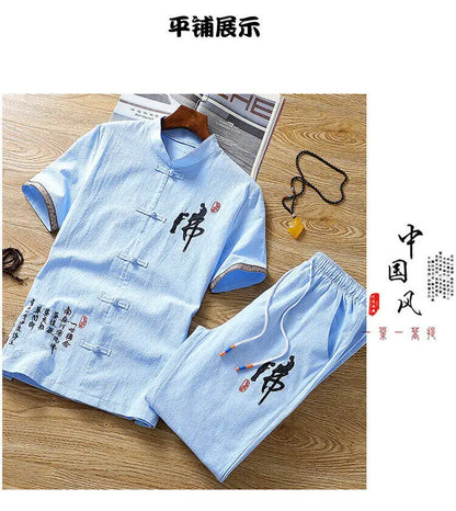 Summer Chinese style Shirts + Pants Dragon Embroried 100% Cotton linen Sportswear Men's Casual Sets Male Fashion Chinese style