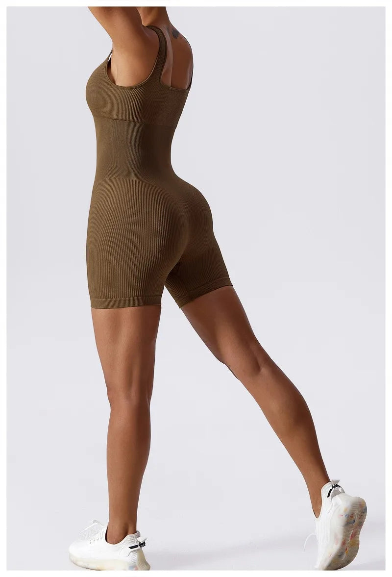 Women's Yoga Rompers One Piece Tummy Control Seamless Ribbed Jumpsuit Padded Sports Bra Workout Romper Fashion Fitness Sportwear