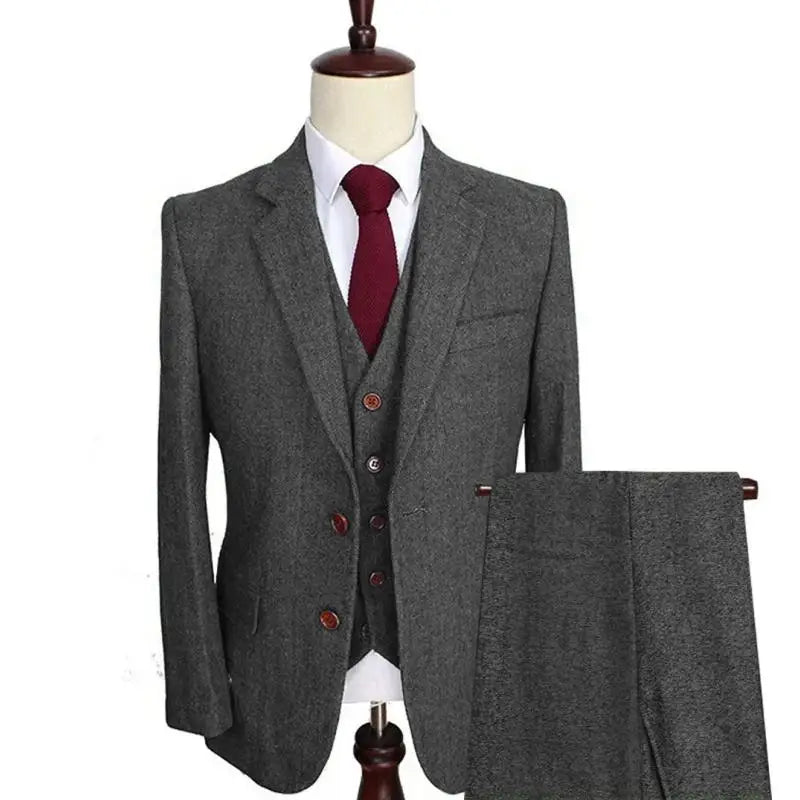 Men Suit 3 Pieces Army Green Tweed Formal Lapel Notch Regular Wedding Groom Banquet Work Tuxedos Set Jacket Vest With Pants