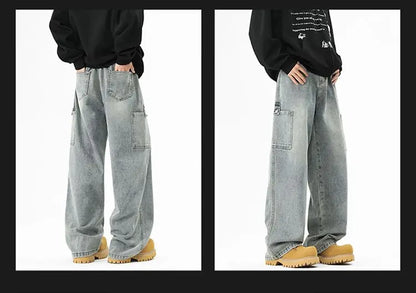 Cargo Jeans Men's Autumn New Vintage Fashion Straight Denim Trousers Casual Wide Personalized Male Clothing Pants Men Denim