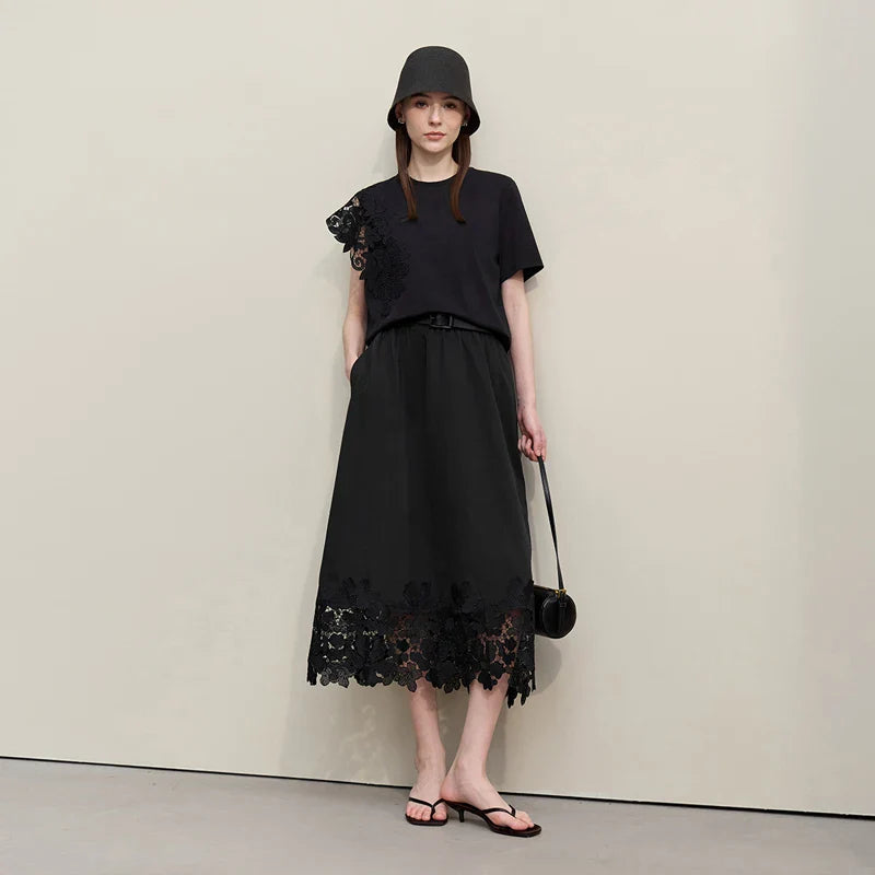Women's Skirt 2026 Summer New Elastic Waist Cutout Lace Hem Midi Casual Loose Fit Floral Trim Skirt For Women 12622106