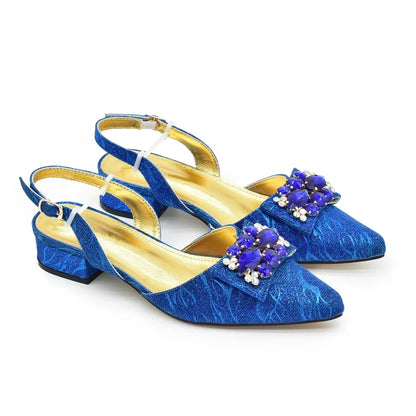 Women Shoes and Bags To Match Set Italy Lady Crystal Low Heels Pointed Toe Party Shoe and Bag African Women Ladies Wedding Pumps