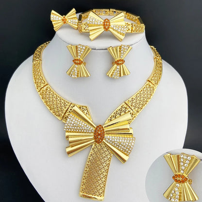 Conjunto de Joias Femininas Banhadas a Ouro 18k, Design Clássico, Colar, Brinco, Pulseira e Anel, Conjunto de 4 Peças, Joias para Festa de Casamento, Itália