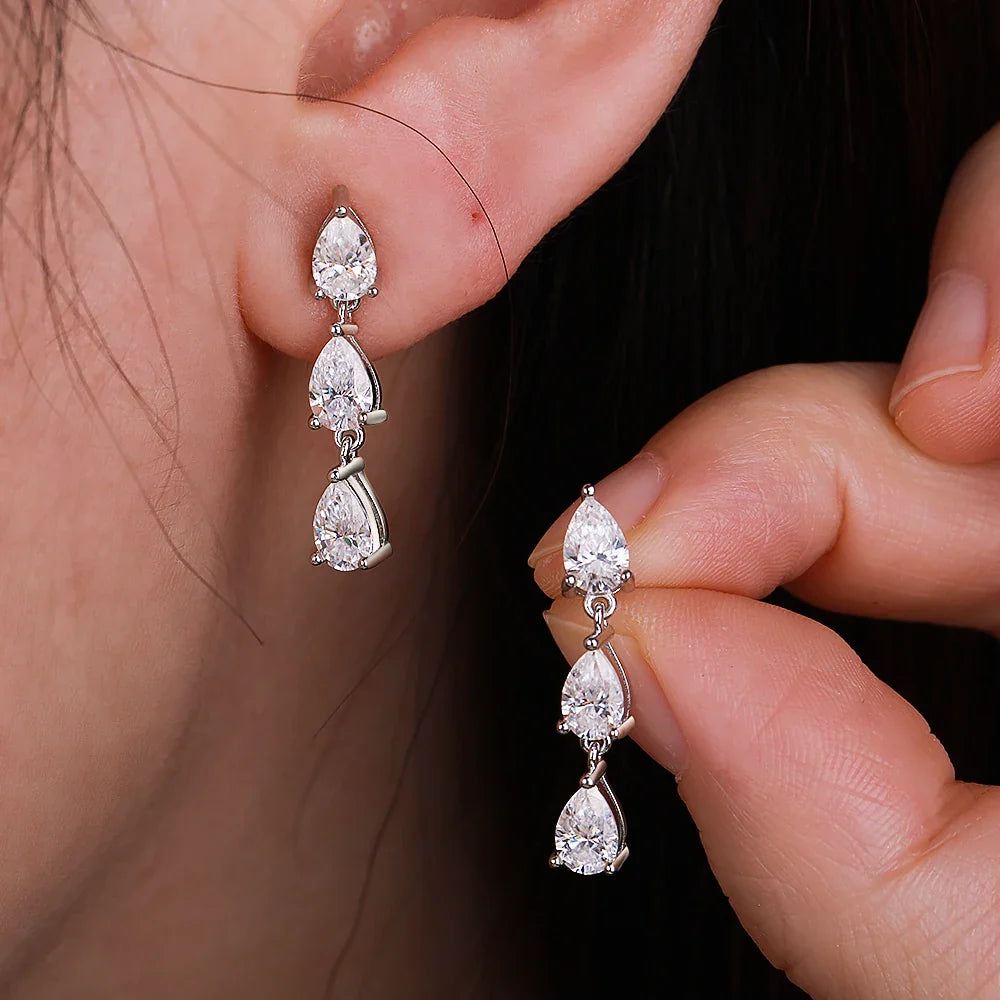 3-Stone Pear Cut Real Moissanite Diamond Drop Earrings for Women 925 Sterling Silver Waterdrop Dangle Earring with Certificate