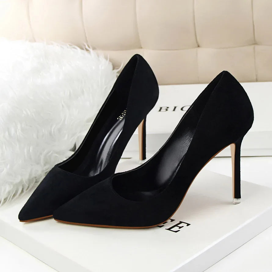 Women 9cm High Heels Yellow Burgundy Pumps Plus Size Stripper Suede Escarpins Lady Wedding Bridal Scarpins Green Blue Prom Shoes