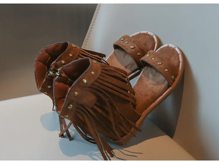 One-strap Summer Roman Shoes for Girls Tassel Rivets High-top Sandals Little Girl Soft Sole Bohemian Dress Shoes Child I06133