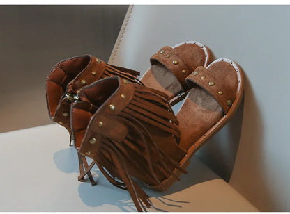 One-strap Summer Roman Shoes for Girls Tassel Rivets High-top Sandals Little Girl Soft Sole Bohemian Dress Shoes Child I06133