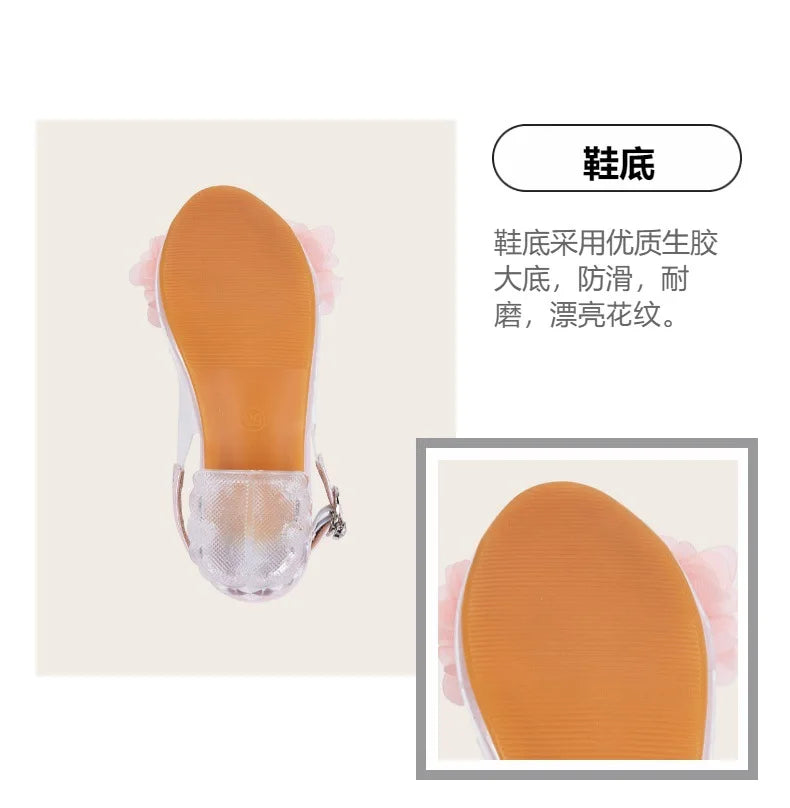 2025 New Fashion Flower Girl Princess Sandals Summer Fish Mouth Transparent Thick Heel Open Toe Children's Sandals High Heels