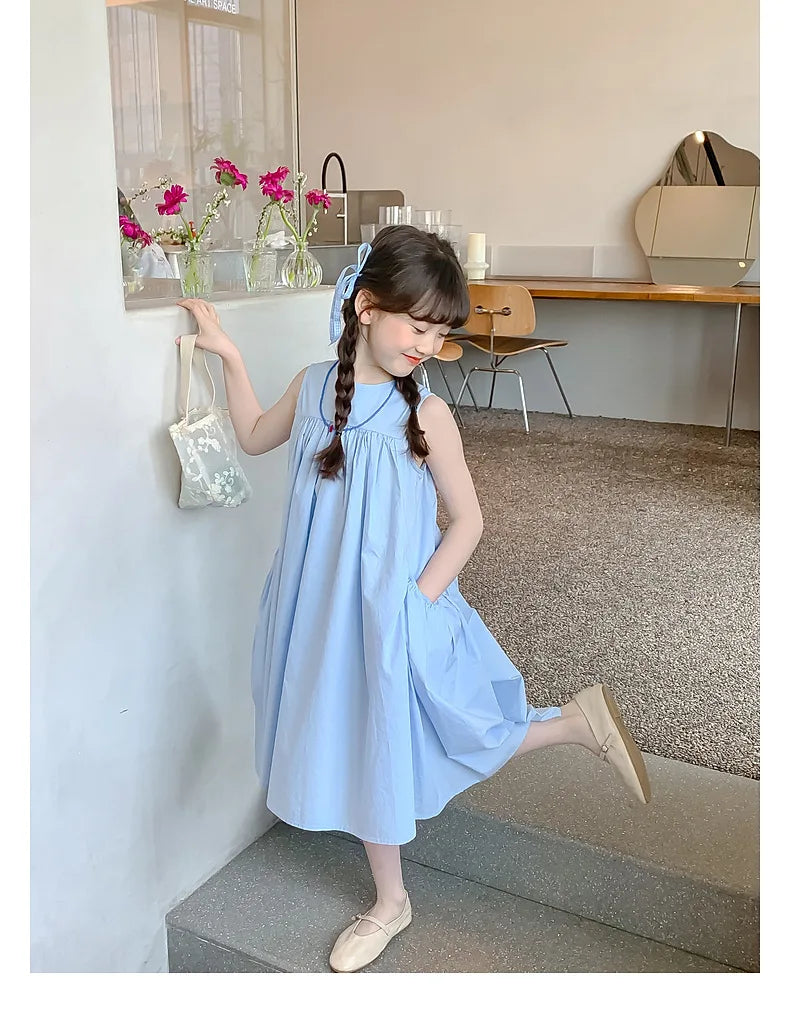Summer Junior Girl Sleeveless Dress Solid Side Big Pockets Blue Ruched Dress For 2-10Y Girls Casual Round Collar Baby Girl Dress