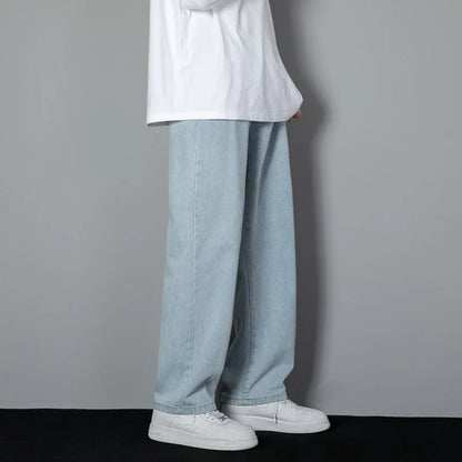 2026 New Korean Men's Casual Long Jeans Classic Man Straight Denim Wide-leg Pants Solid Color Light Blue Black 3XL Cargo Jean