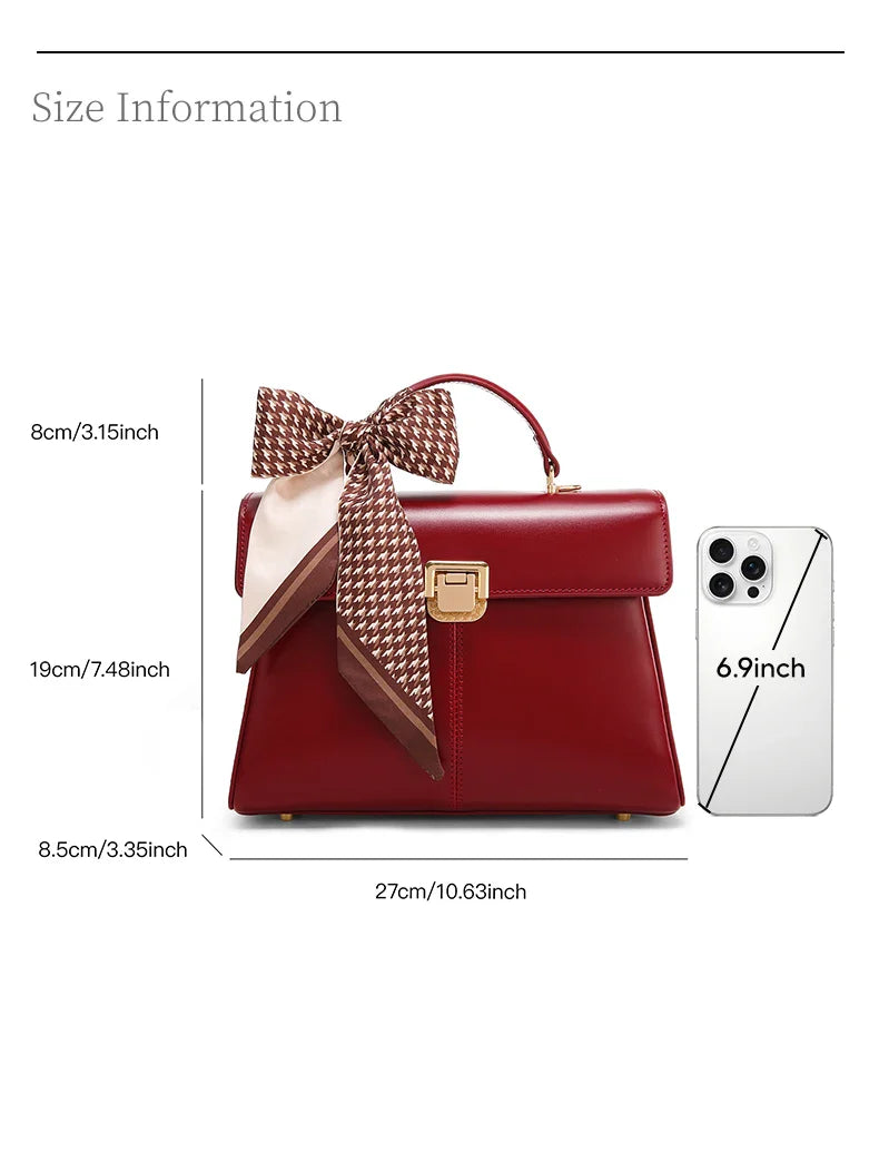 Genuine Leather Handbag with Scarf | Luxury Designer Trendy Shoulder Bag Solid Color Commuting Bag | bags for women gift